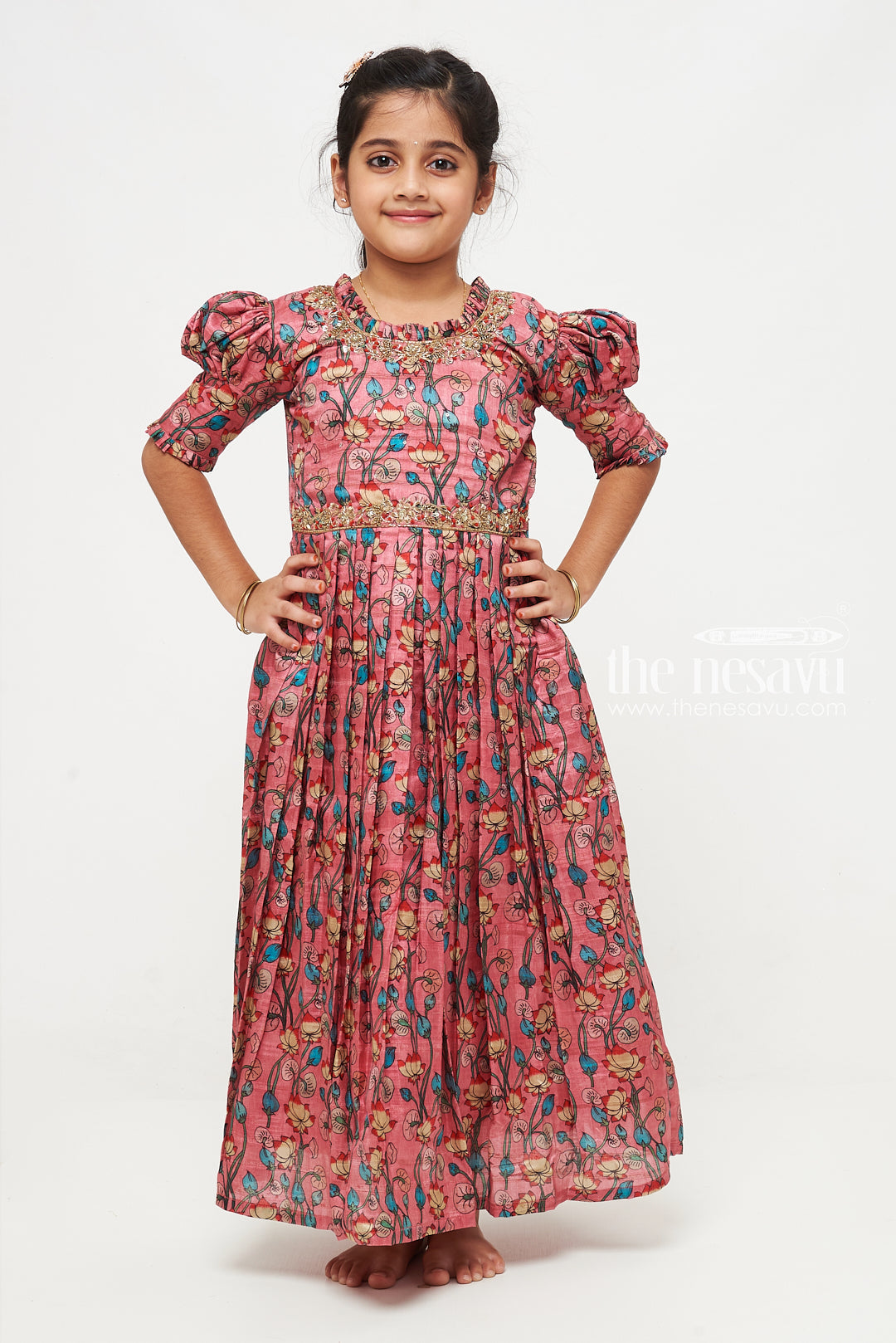 The Nesavu Girls Silk Gown Enchanting Coral Floral Embroidered Anarkali Gown for Young Girls Nesavu Shop Coral Floral Embroidered Anarkali Gown for Girls | The Nesavu