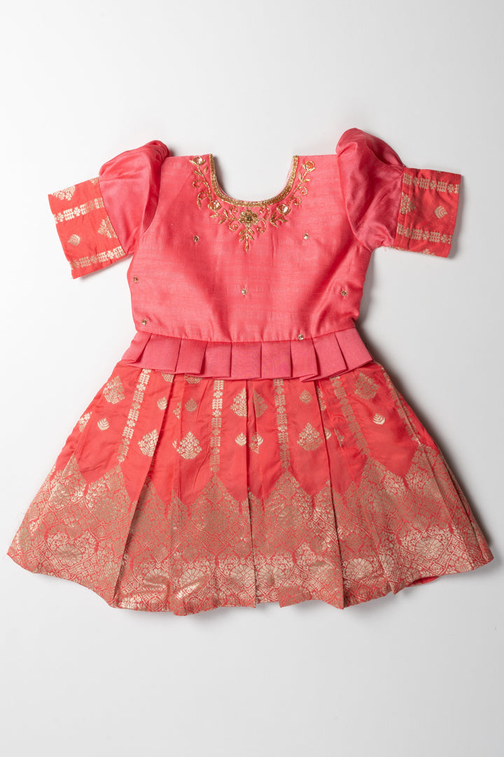 The Nesavu Silk Party Frock Enchanting Coral Silk Frock for Girls: Gold Embroidery and Elegant Festive Design Nesavu 16 (1Y) / Red / Blend Silk SF778A-16 Shop Girls Coral Silk Dress with Gold Embroidery | Elegant Wedding and Festive Attire for Kids | The Nesavu