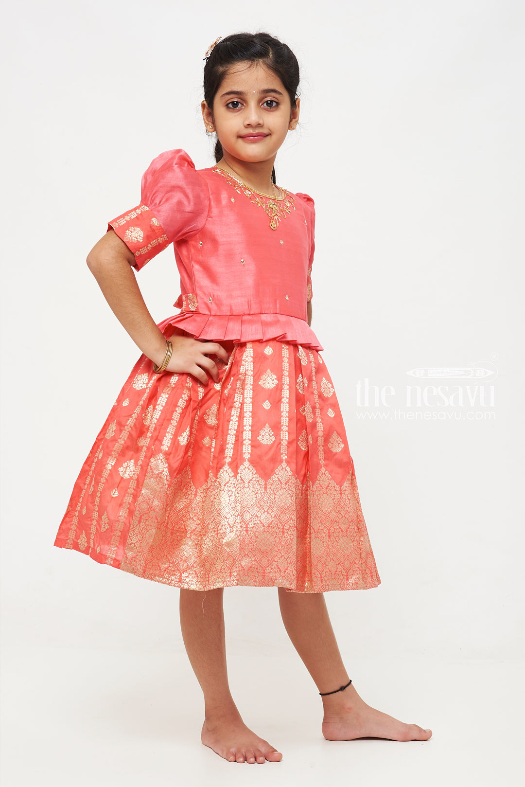 The Nesavu Silk Party Frock Enchanting Coral Silk Frock for Girls: Gold Embroidery and Elegant Festive Design Nesavu Shop Girls Coral Silk Dress with Gold Embroidery | Elegant Wedding and Festive Attire for Kids | The Nesavu