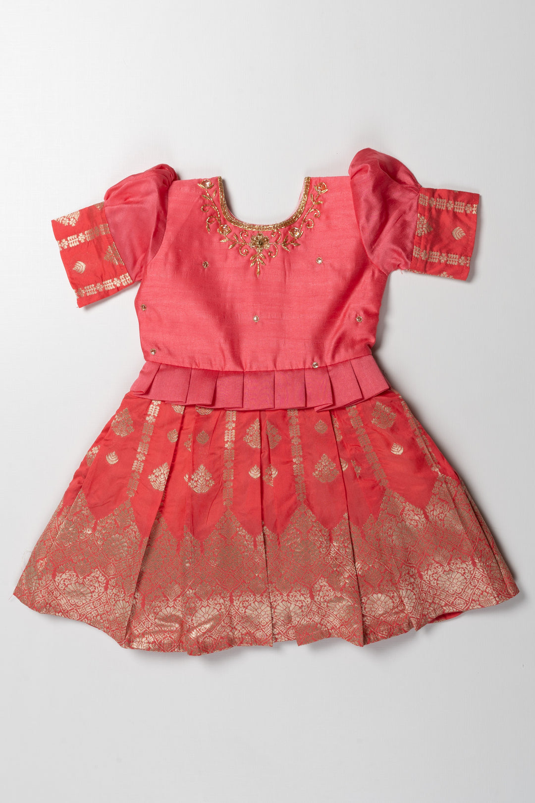 The Nesavu Silk Party Frock Enchanting Coral Silk Frock for Girls: Gold Embroidery and Elegant Festive Design Nesavu Shop Girls Coral Silk Dress with Gold Embroidery | Elegant Wedding and Festive Attire for Kids | The Nesavu
