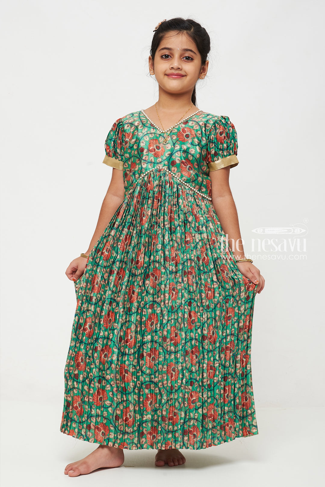 The Nesavu Girls Silk Gown Enchanting Green Floral Anarkali Frock for Girls Nesavu Enchanting Green Floral Anarkali Frock for Girls with Puffed Sleeves