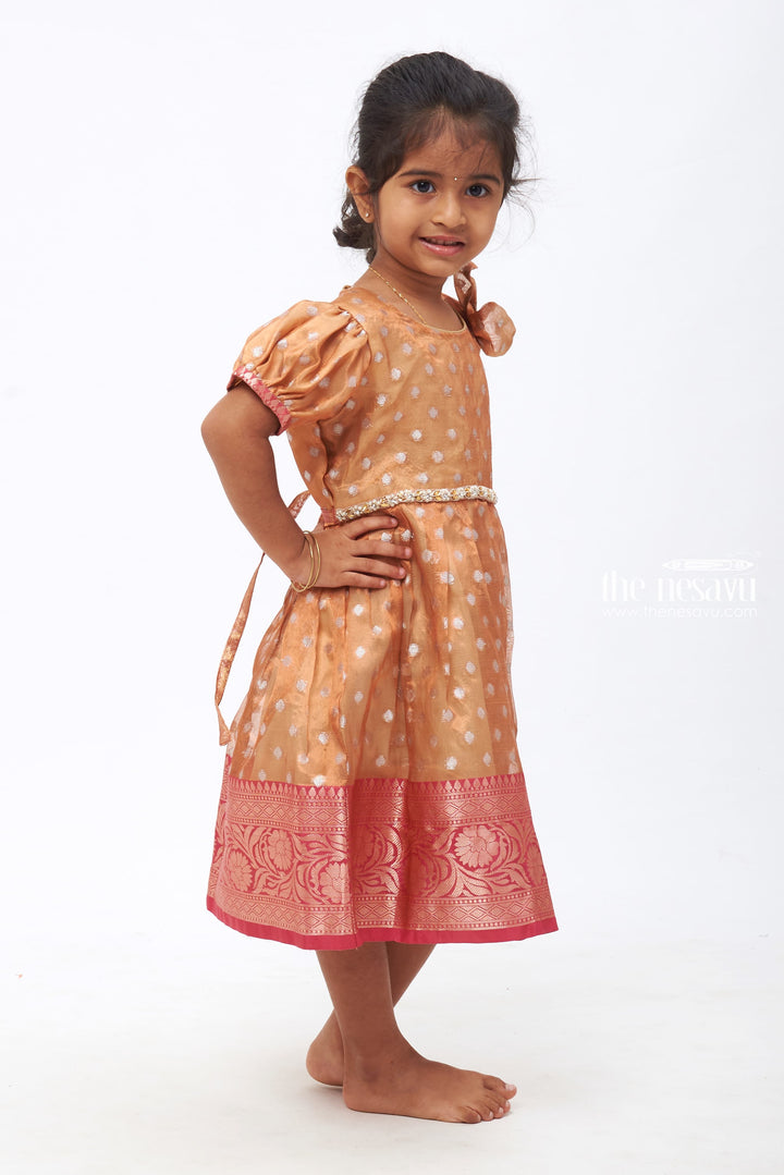 The Nesavu Silk Frock Enchanting Radiance: Orange Silk Frock with Hip Stone Embellishment - Traditional Kids' Festive Outfit Nesavu Enchanting Radiance Orange Silk Frock | Traditional Kids' Festive Attire | The Nesavu