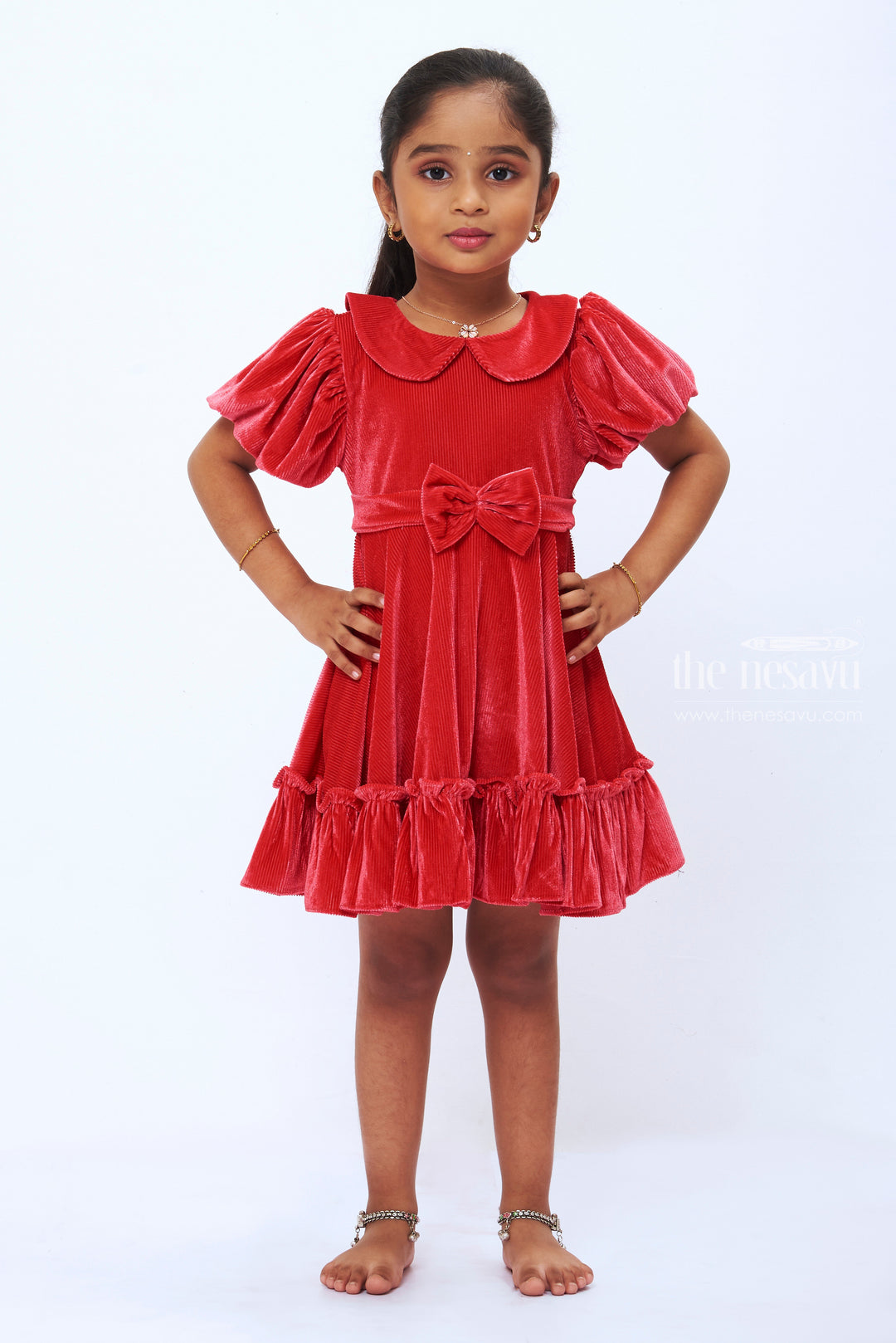 The Nesavu Girls Fancy Frock Enchanting Ruby Red Velvet Party Frock for Girls Chic & Festive Nesavu 14 (6M) / Red / Velvet GFC1101E-14 Girls Red Velvet Dress | Festive Party Frock | Elegant Kids Birthday Outfit | The Nesavu