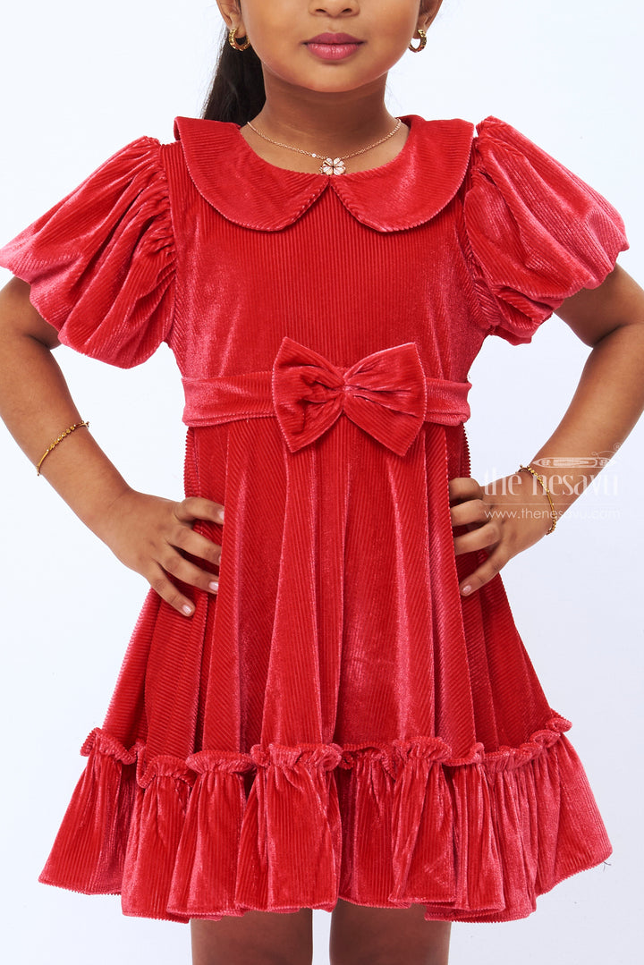 The Nesavu Girls Fancy Frock Enchanting Ruby Red Velvet Party Frock for Girls Chic & Festive Nesavu Girls Red Velvet Dress | Festive Party Frock | Elegant Kids Birthday Outfit | The Nesavu