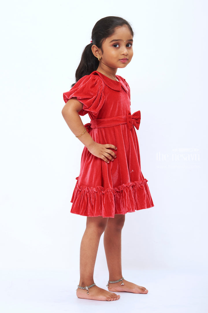 The Nesavu Girls Fancy Frock Enchanting Ruby Red Velvet Party Frock for Girls Chic & Festive Nesavu Girls Red Velvet Dress | Festive Party Frock | Elegant Kids Birthday Outfit | The Nesavu