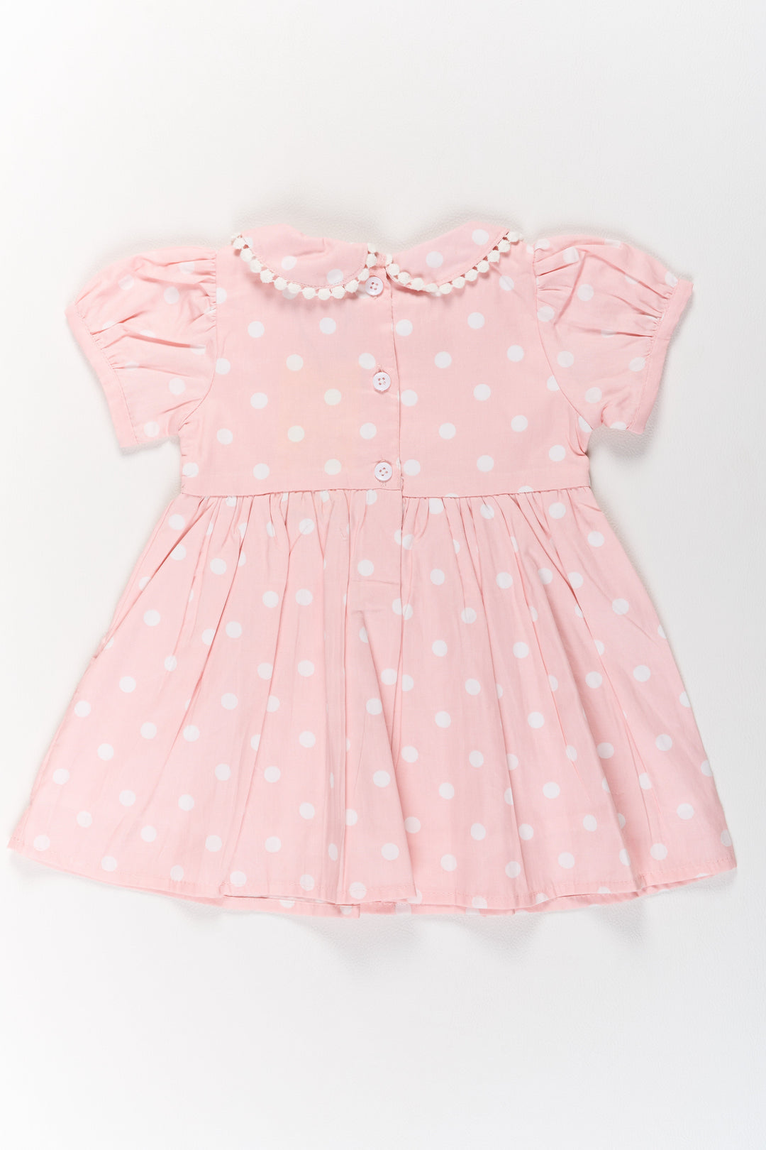 The Nesavu Girls Cotton Frock Ethnic Attire for Girls in Pink Polka Dot Print with Lace Collar and Puff Sleeves Nesavu Nesavu Ethnic Pink Polka Dot Dress Girls Lace Collar Puff Sleeves