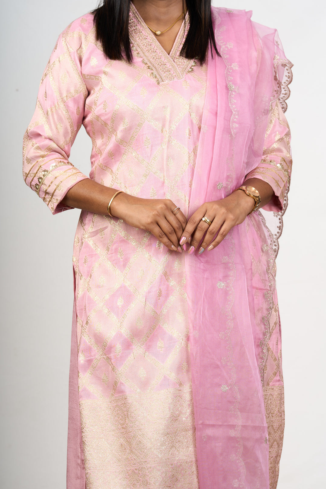 The Nesavu Womens Straight Suit Sets Ethnic Kurta Sets for Wedding in Pink Art Silk with Ornate Gold Accents and Dupatta Nesavu Nesavu Pink Art Silk Ethnic Kurta Set Gold Motifs Embroidered Dupatta Weddings