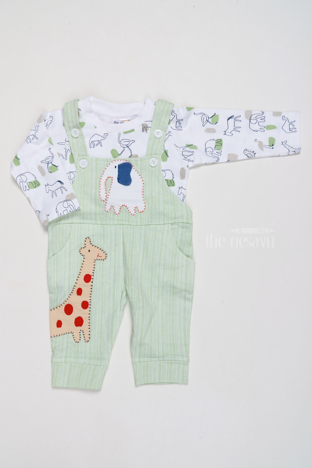 The Nesavu Baby Casual Sets Ethnic Wear for Newborns Cotton Green Romper with Giraffe Applique and Printed Shirt Nesavu 14 (6M) / Green BCS176A-14 Nesavu Ethnic Wear Newborns Cotton Green Romper Giraffe Applique