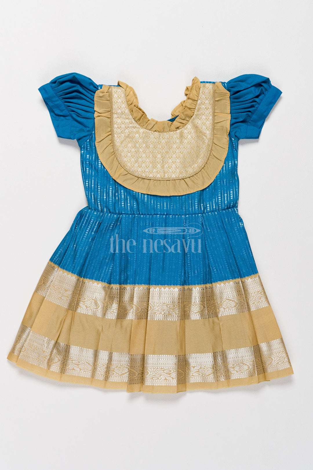 The Nesavu Girls Kanchi Silk Frock Exquisite Blue and Gold Kanchi Silk Frock for Girls’ Pongal Celebrations Nesavu 14 (6M) / Blue / Style 4 SF821AD-14 Festive Blue Gold Kanchi Silk Frock Girls Pongal Traditions Nesavu