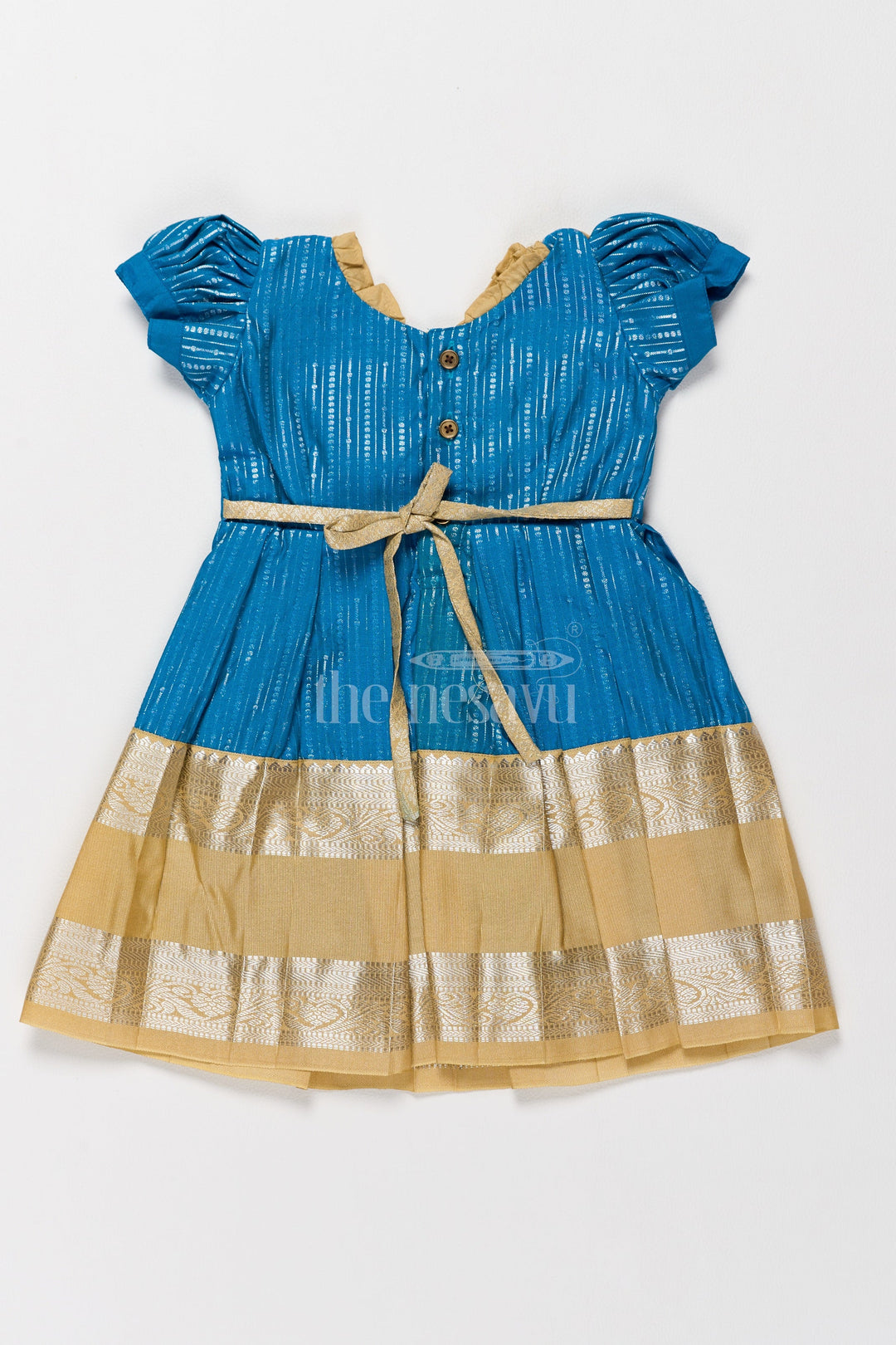 The Nesavu Girls Kanchi Silk Frock Exquisite Blue and Gold Kanchi Silk Frock for Girls’ Pongal Celebrations Nesavu Festive Blue Gold Kanchi Silk Frock Girls Pongal Traditions Nesavu