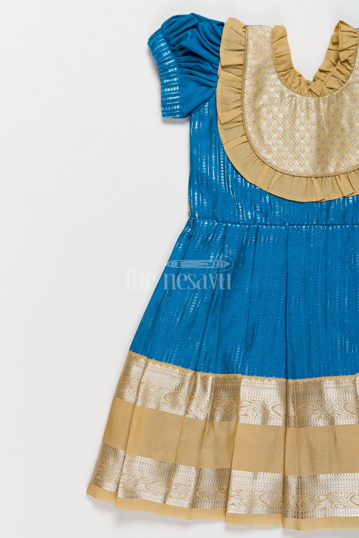 The Nesavu Girls Kanchi Silk Frock Exquisite Blue and Gold Kanchi Silk Frock for Girls’ Pongal Celebrations Nesavu Festive Blue Gold Kanchi Silk Frock Girls Pongal Traditions Nesavu