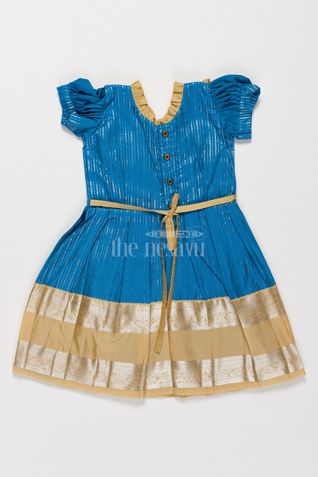 The Nesavu Girls Kanchi Silk Frock Exquisite Blue and Gold Kanchi Silk Frock for Girls’ Pongal Celebrations Nesavu Festive Blue Gold Kanchi Silk Frock Girls Pongal Traditions Nesavu