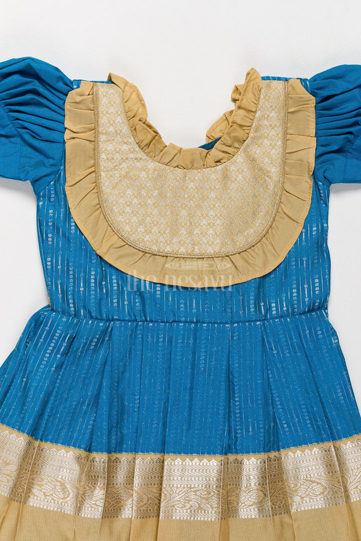 The Nesavu Girls Kanchi Silk Frock Exquisite Blue and Gold Kanchi Silk Frock for Girls’ Pongal Celebrations Nesavu Festive Blue Gold Kanchi Silk Frock Girls Pongal Traditions Nesavu