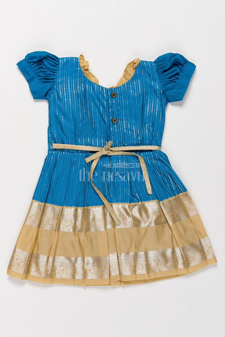 The Nesavu Girls Kanchi Silk Frock Exquisite Blue and Gold Kanchi Silk Frock for Girls’ Pongal Celebrations Nesavu Festive Blue Gold Kanchi Silk Frock Girls Pongal Traditions Nesavu