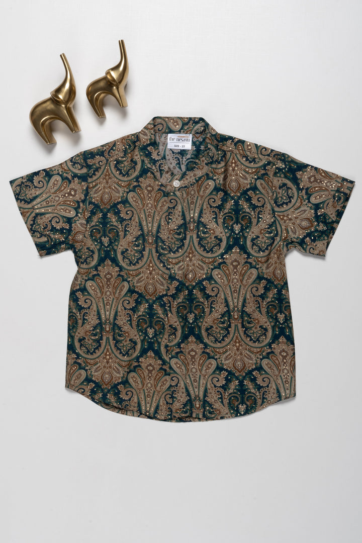 The Nesavu Boys Cotton Shirt Exquisite Boys Chanderi Shirt with Intricate Paisley Print Design - Perfect for Special Occasions Nesavu 16 (1Y) / Green / Chanderi BS143A-16 Boys Chanderi Shirt with Intricate Paisley Design | Perfect for Special Occasions | The Nesavu