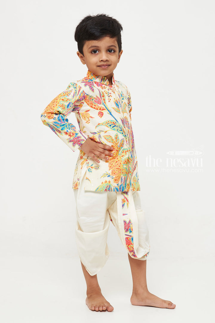 The Nesavu Boys Dothi Set Exquisite Floral Boys Kurta with Classic White Dhoti Set Nesavu