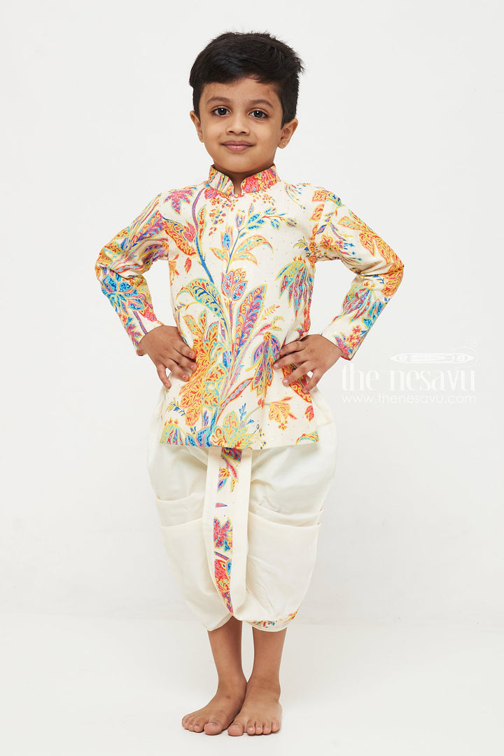 The Nesavu Boys Dothi Set Exquisite Floral Boys Kurta with Classic White Dhoti Set Nesavu