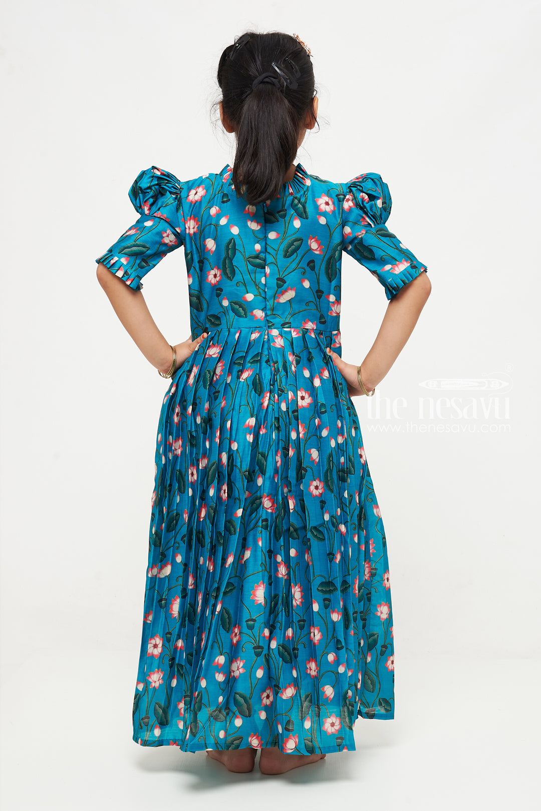 The Nesavu Girls Silk Gown Exquisite Floral Embellished Anarkali Gown for Girls Nesavu Buy Girls Teal Floral Anarkali Gown with Embellishments Online | The Nesavu