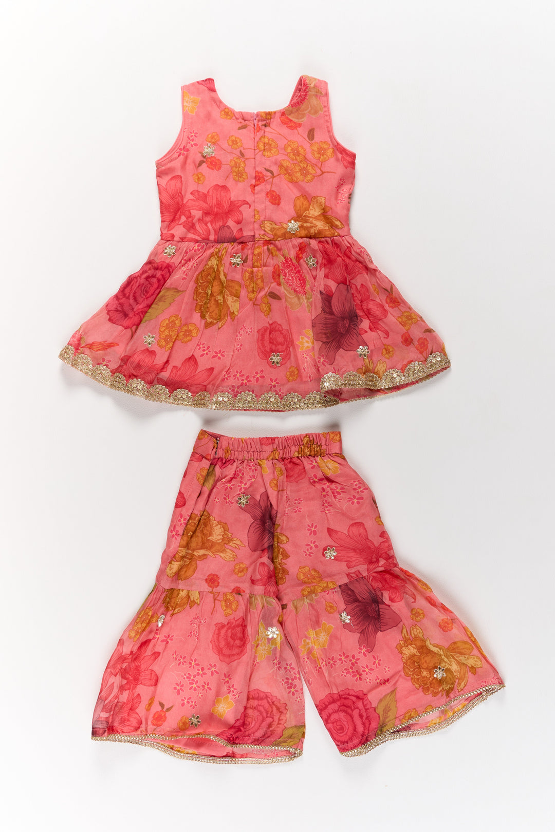 The Nesavu Girls Sharara / Plazo Set Exquisite Girls Bridal Sharara Dress in Red with Printed Organza and Delicate Floral Embellishments Nesavu Nesavu Girls Bridal Sharara Dress Printed Organza Vibrant Red Floral Motifs Dupatta