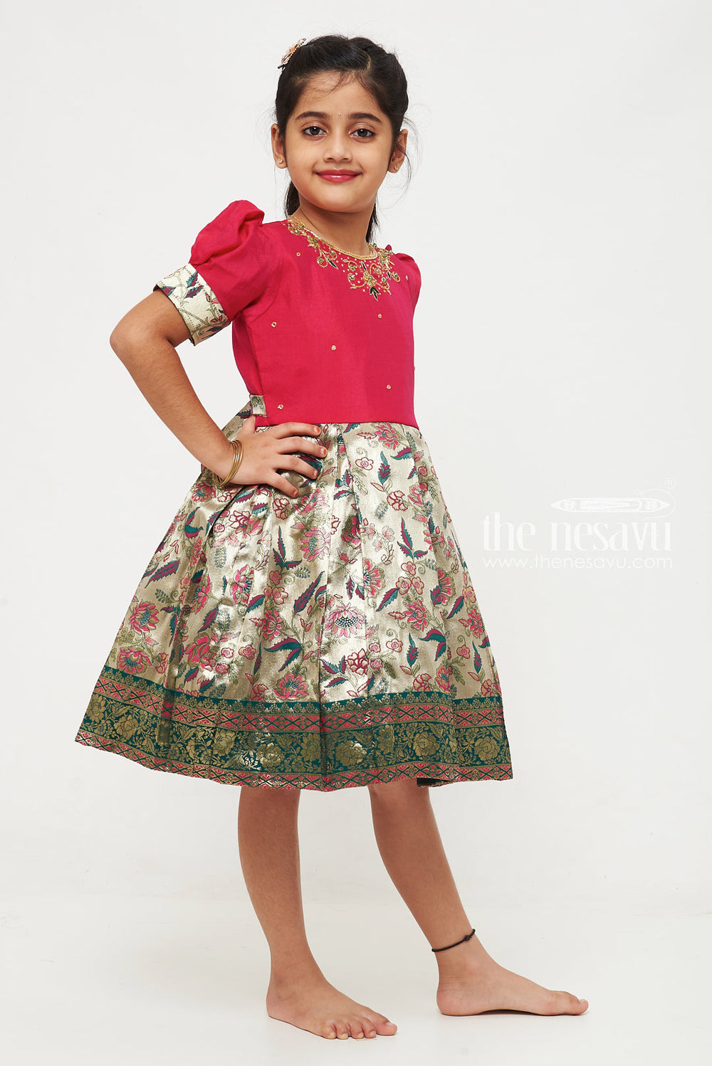 The Nesavu Silk Party Frock Exquisite Magenta Silk Frock with Botanical Woven Jacquard for Girls: Perfect for Wedding Celebrations Nesavu Magenta Botanical Print Silk Dress for Girls | Elegant Embroidered Silk Frock | The Nesavu