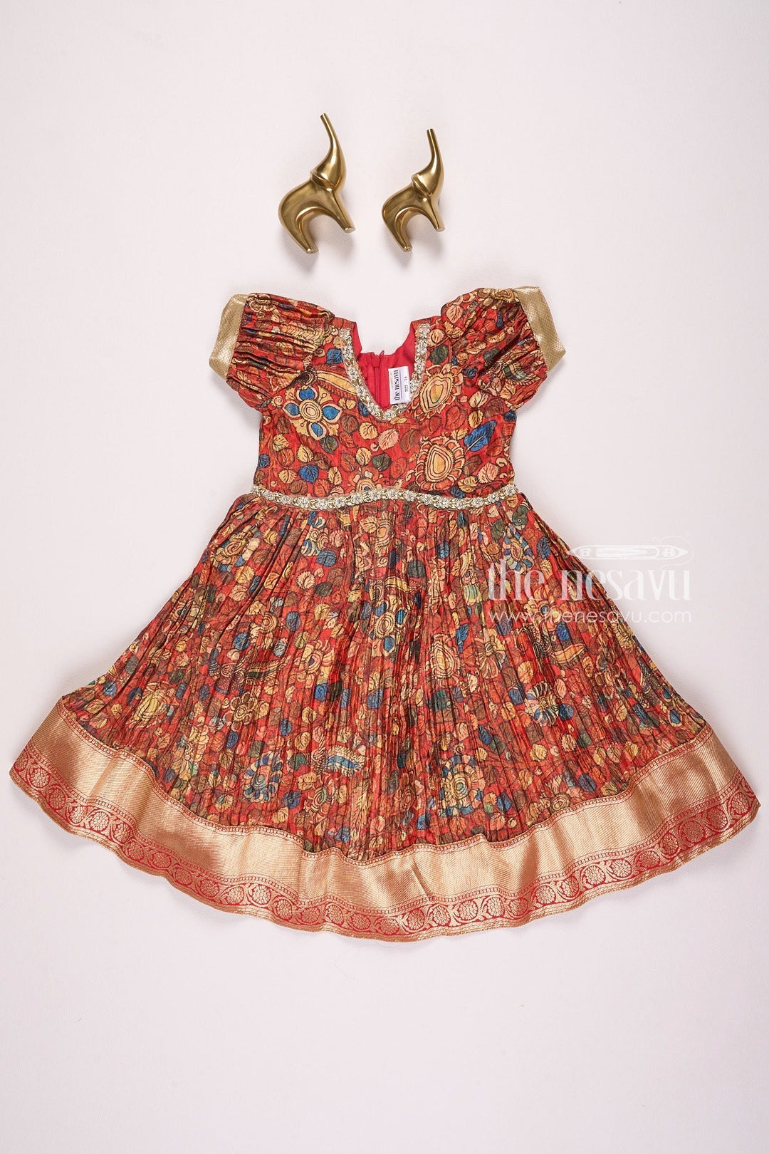 The Nesavu Girls Silk Gown Exquisite Red Kalamkari Chinon Party Gown for Girls Nesavu 16 (1Y) / Red GA233A-16 Exquisite Red Kalamkari Chinon Party Gown for Girls - Festive Wear