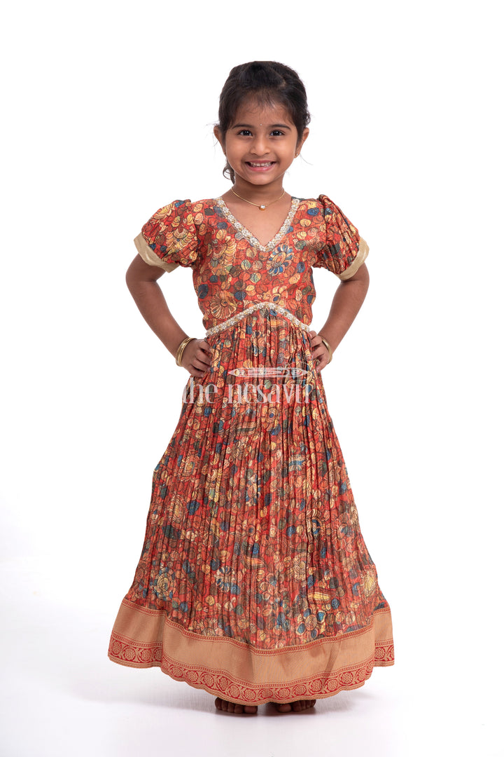 The Nesavu Girls Silk Gown Exquisite Red Kalamkari Chinon Party Gown for Girls Nesavu Exquisite Red Kalamkari Chinon Party Gown for Girls - Festive Wear