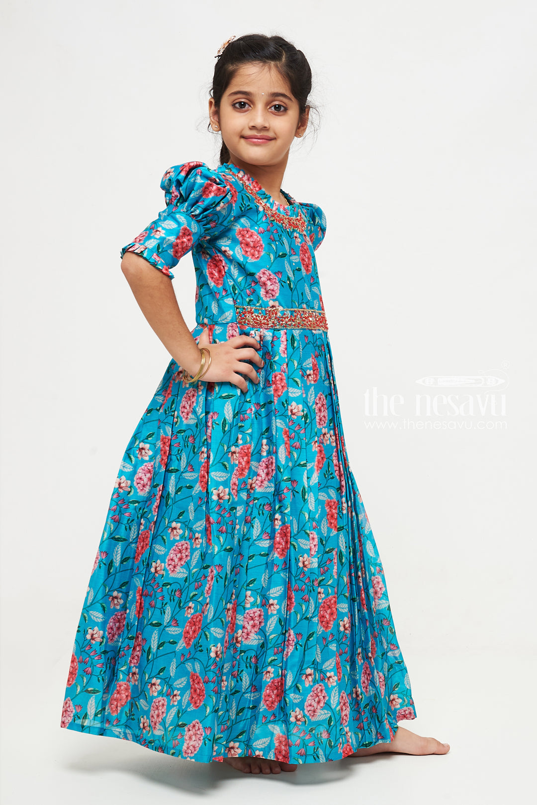 The Nesavu Girls Silk Gown Exquisite Teal Floral Anarkali Gown for Young Princesses Nesavu Buy Girls Teal Floral Embroidered Anarkali Gown | Unique Party Wear for Kids | The Nesavu