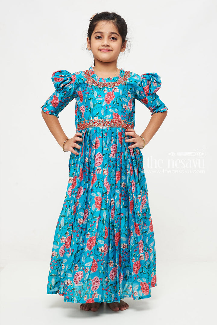 The Nesavu Girls Silk Gown Exquisite Teal Floral Anarkali Gown for Young Princesses Nesavu Buy Girls Teal Floral Embroidered Anarkali Gown | Unique Party Wear for Kids | The Nesavu