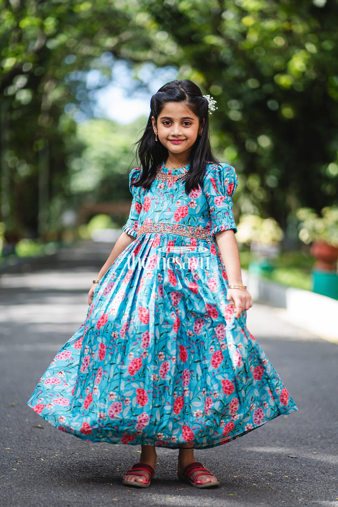 The Nesavu Girls Silk Gown Exquisite Teal Floral Anarkali Gown for Young Princesses Nesavu Buy Girls Teal Floral Embroidered Anarkali Gown | Unique Party Wear for Kids | The Nesavu