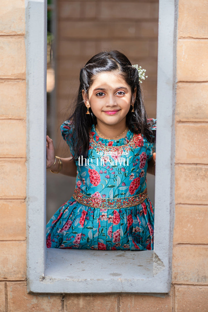 The Nesavu Girls Silk Gown Exquisite Teal Floral Anarkali Gown for Young Princesses Nesavu Buy Girls Teal Floral Embroidered Anarkali Gown | Unique Party Wear for Kids | The Nesavu