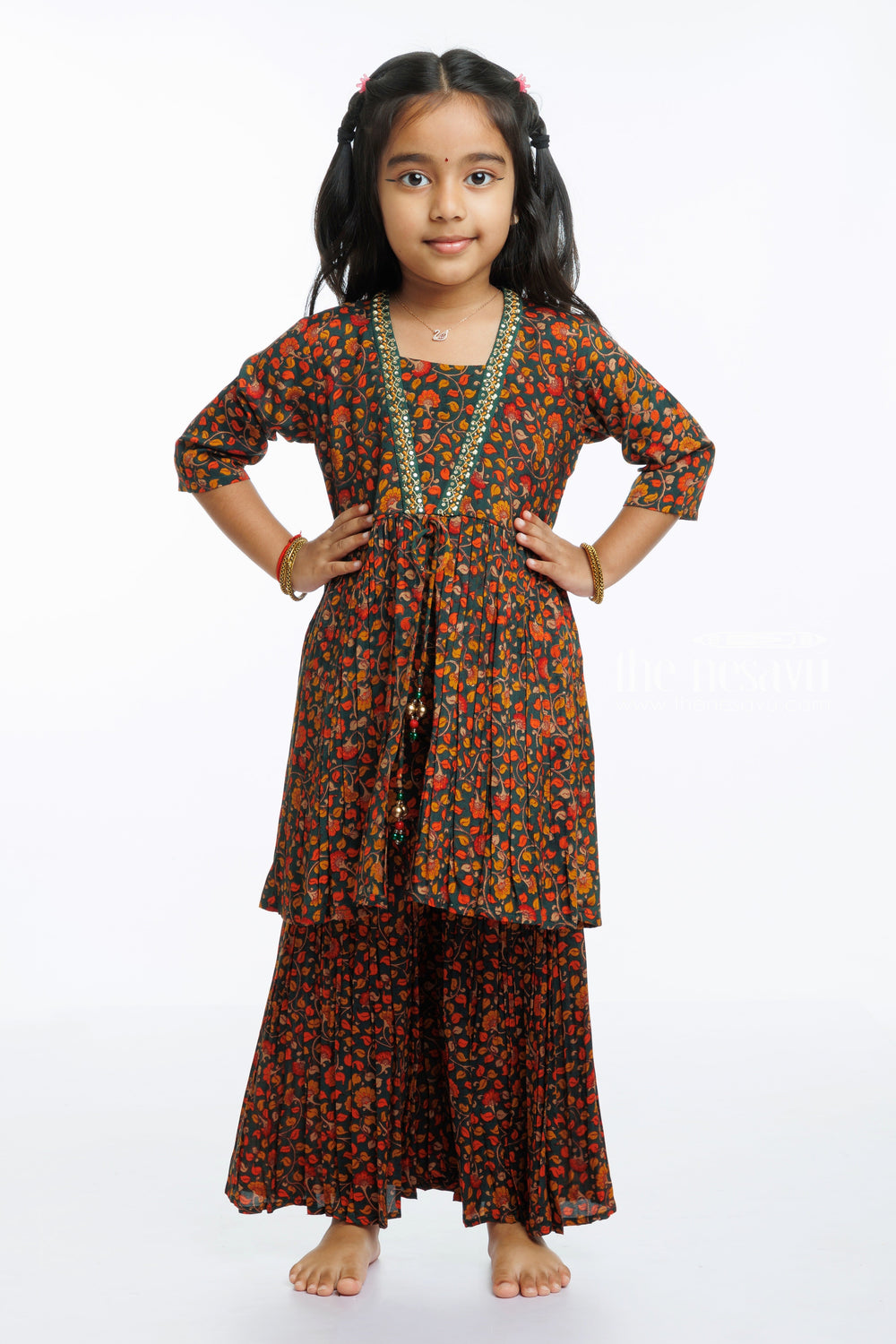 The Nesavu Girls Sharara / Plazo Set Exquisite Tradition: Girls Youthful Short Kurti with Gharara Set Nesavu 16 (1Y) / Green / Modal Chanderi GPS293A-16 Shop the Latest Kurti Gharara Set Online | Perfect for Young Fashionistas | The Nesavu