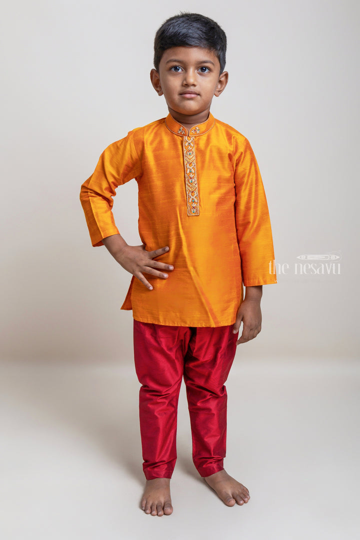 Eye-Catching Golden Yellow Kurta With Cherry Red Pant For Little Boys