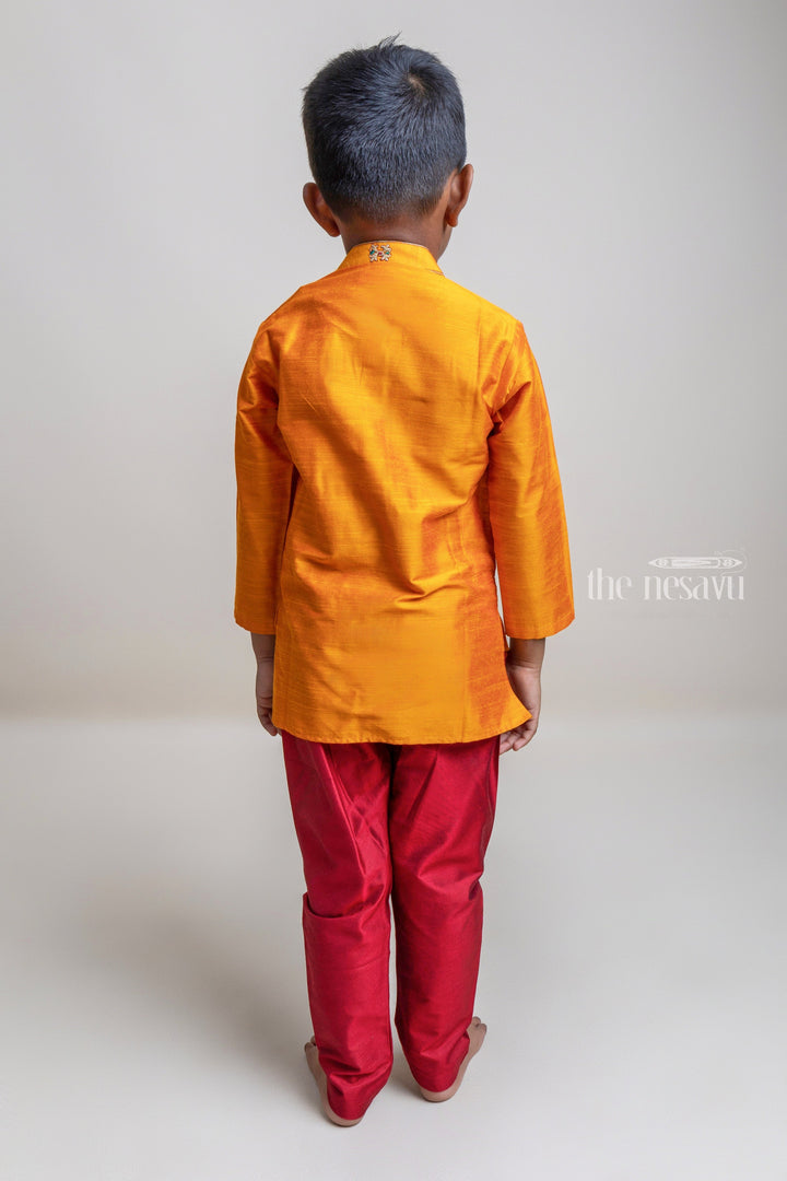 The Nesavu Boys Kurtha Set Eye-Catching Golden Yellow Kurta With Cherry Red Pant For Little Boys Nesavu Exclusive Kurta Collection For Boys | Premium Kurta Collection | The Nesavu