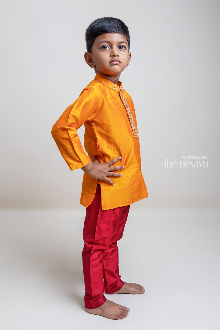 The Nesavu Boys Kurtha Set Eye-Catching Golden Yellow Kurta With Cherry Red Pant For Little Boys Nesavu Exclusive Kurta Collection For Boys | Premium Kurta Collection | The Nesavu