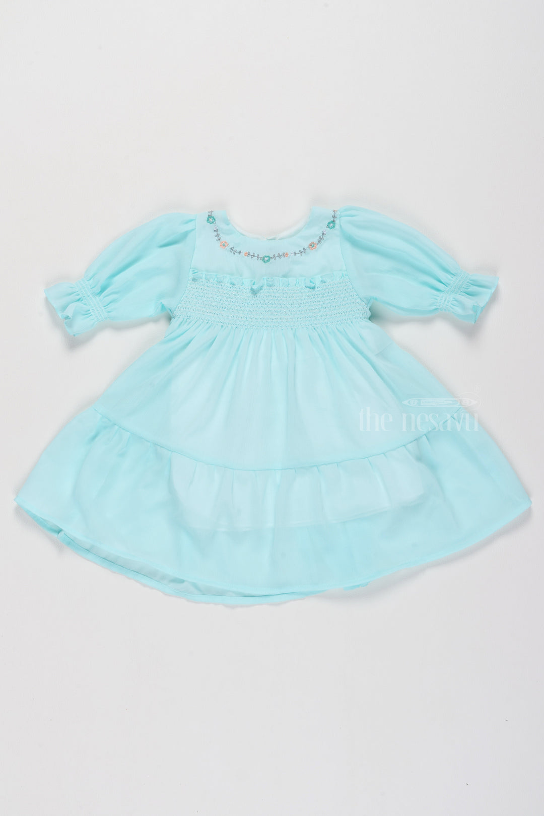 The Nesavu Girls Fancy Frock Fancy Birthday Outfits for Girls in Aqua Blue with Elegant Smocked Design Nesavu 16 (1Y) / Blue GFC1499C-16 Nesavu Fancy Birthday Outfits Girls Aqua Blue Smocked Detailing Floral Embroidery