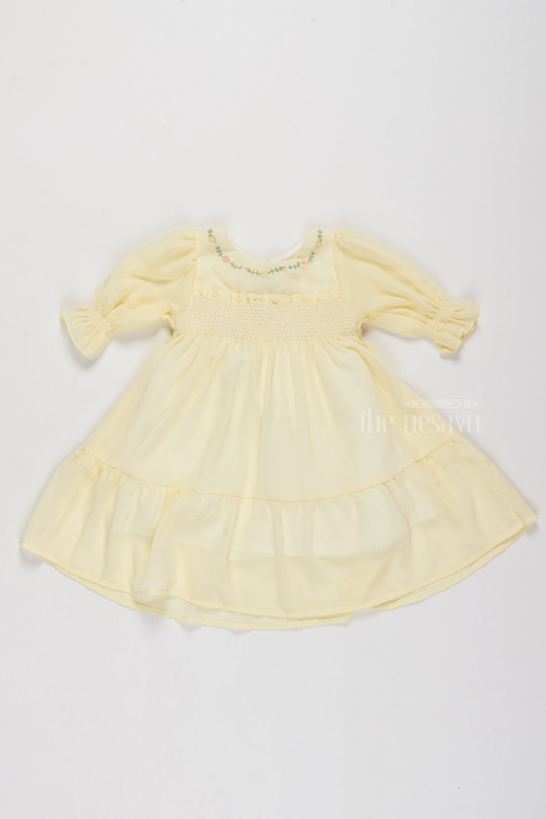 The Nesavu Girls Fancy Frock Fancy Casual Outfits for Girls in Soft Yellow with Floral Embroidery Nesavu 16 (1Y) / Yellow GFC1499A-16 Nesavu Fancy Casual Outfits Girls Floral Embroidery Smocked Bodice