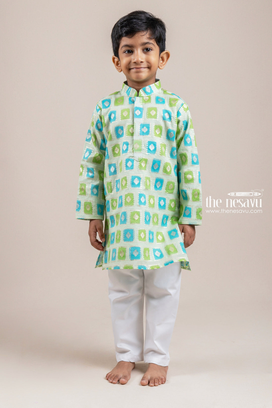 The Nesavu Boys Kurtha Set Fancy Green butta Designer Boys Kurta With White pant Nesavu Premium Kurta Collection For Boys | Kurta With Dhoti | The Nesavu