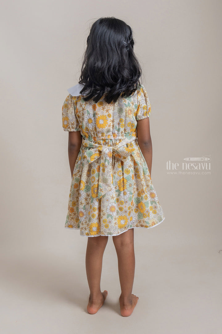 The Nesavu Frocks & Dresses Fancy Yellow Floral Printed Button Closure Daily Wear Cotton Frock For Girls psr silks Nesavu