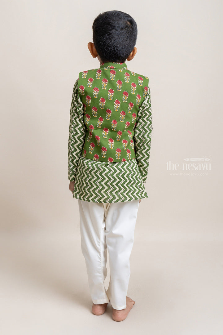 The Nesavu Boys Jacket Sets Fashionable Green Zig-Zag Printed Kurta Set With Overjacket For Boys Nesavu Festive Wear Collection For Boys | Premium kurta Set | The Nesavu