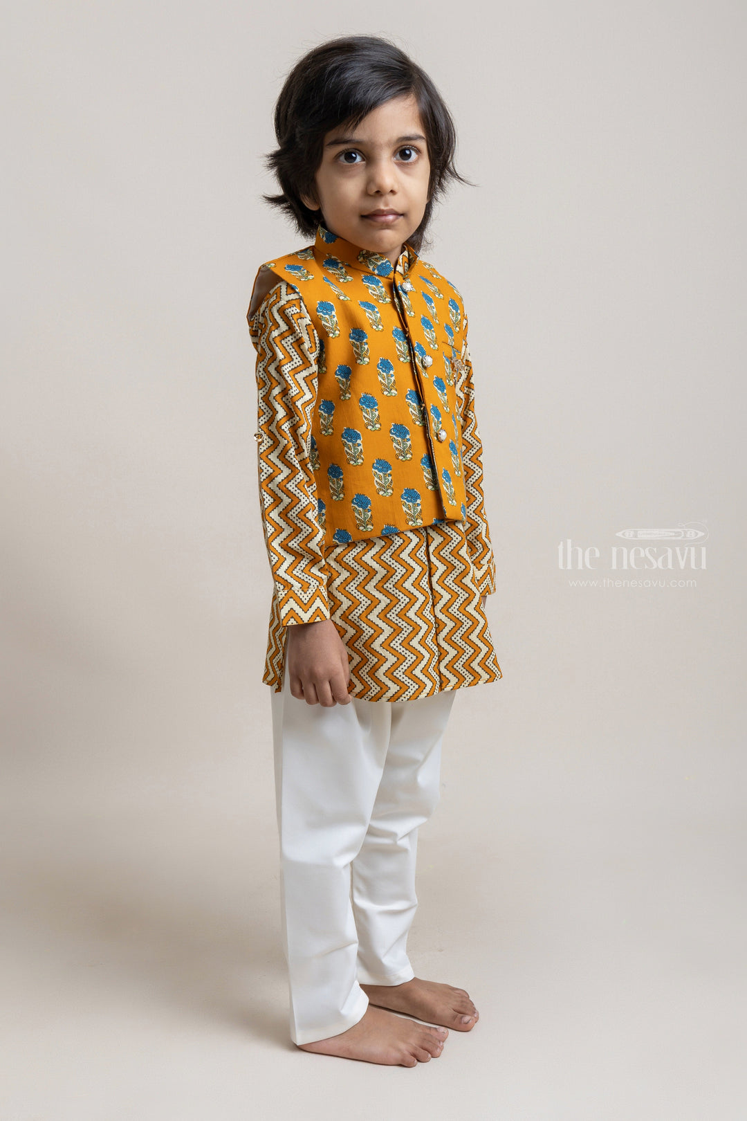 The Nesavu Boys Jacket Sets Fashionable Mustard Yellow Zig-Zag Printed Kurta Set With Overjacket For Boys Nesavu Traditional Kids Wear | High-Quality Kurta set | The Nesavu