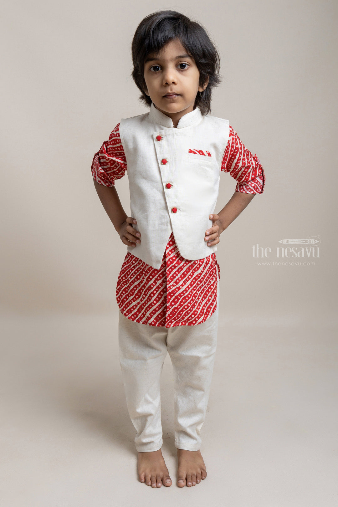 The Nesavu Boys Jacket Sets Fashionable Red Stripes Printed Kurta And Pant With Beige Over Coat For Boys Nesavu 10 (NB) / Red / Rayon BES314B Shop the Latest Kurta Collection for Boys | Fashionable Kurta Collection | The Nesavu