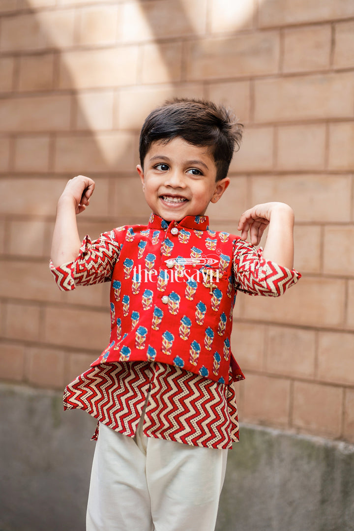 The Nesavu Boys Jacket Sets Fashionable Red Zig-Zag Printed Kurta Set With Overjacket For Boys Nesavu Festive Wear Collection For Boys | Premium kurta Set | The Nesavu