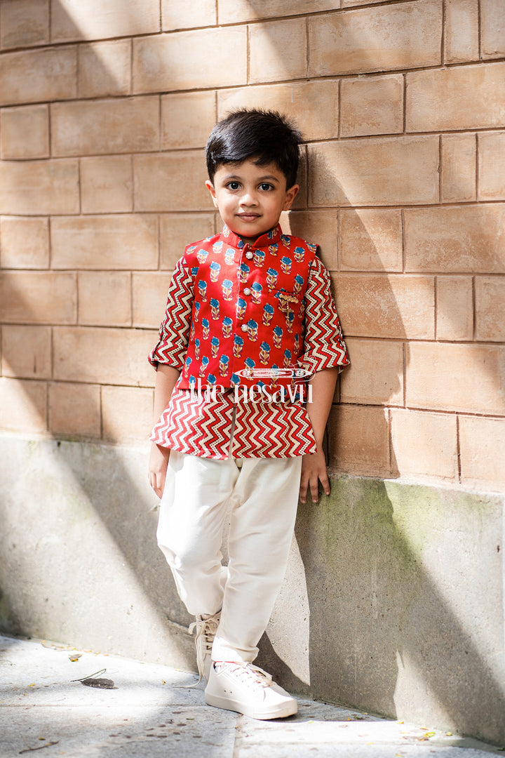 The Nesavu Boys Jacket Sets Fashionable Red Zig-Zag Printed Kurta Set With Overjacket For Boys Nesavu Festive Wear Collection For Boys | Premium kurta Set | The Nesavu