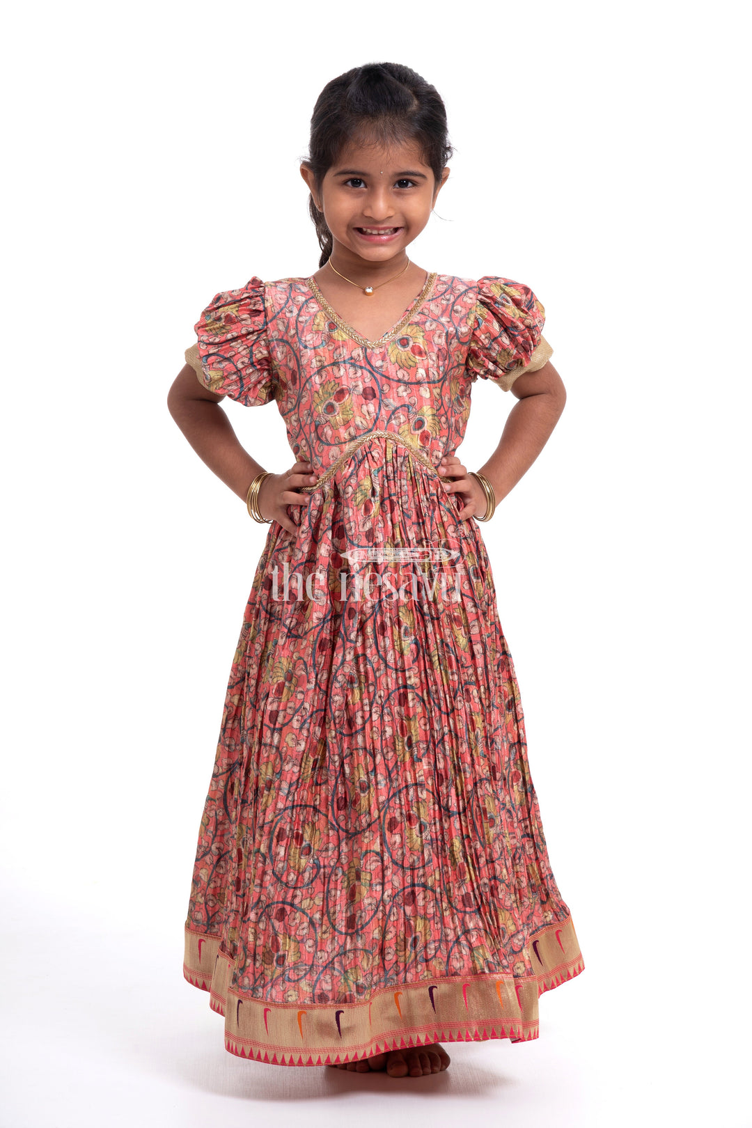 The Nesavu Girls Silk Gown Festive Orange Kalamkari Chinon Party Gown for Girls Nesavu Festive Orange Kalamkari Chinon Party Gown for Girls - Elegant & Comfortable