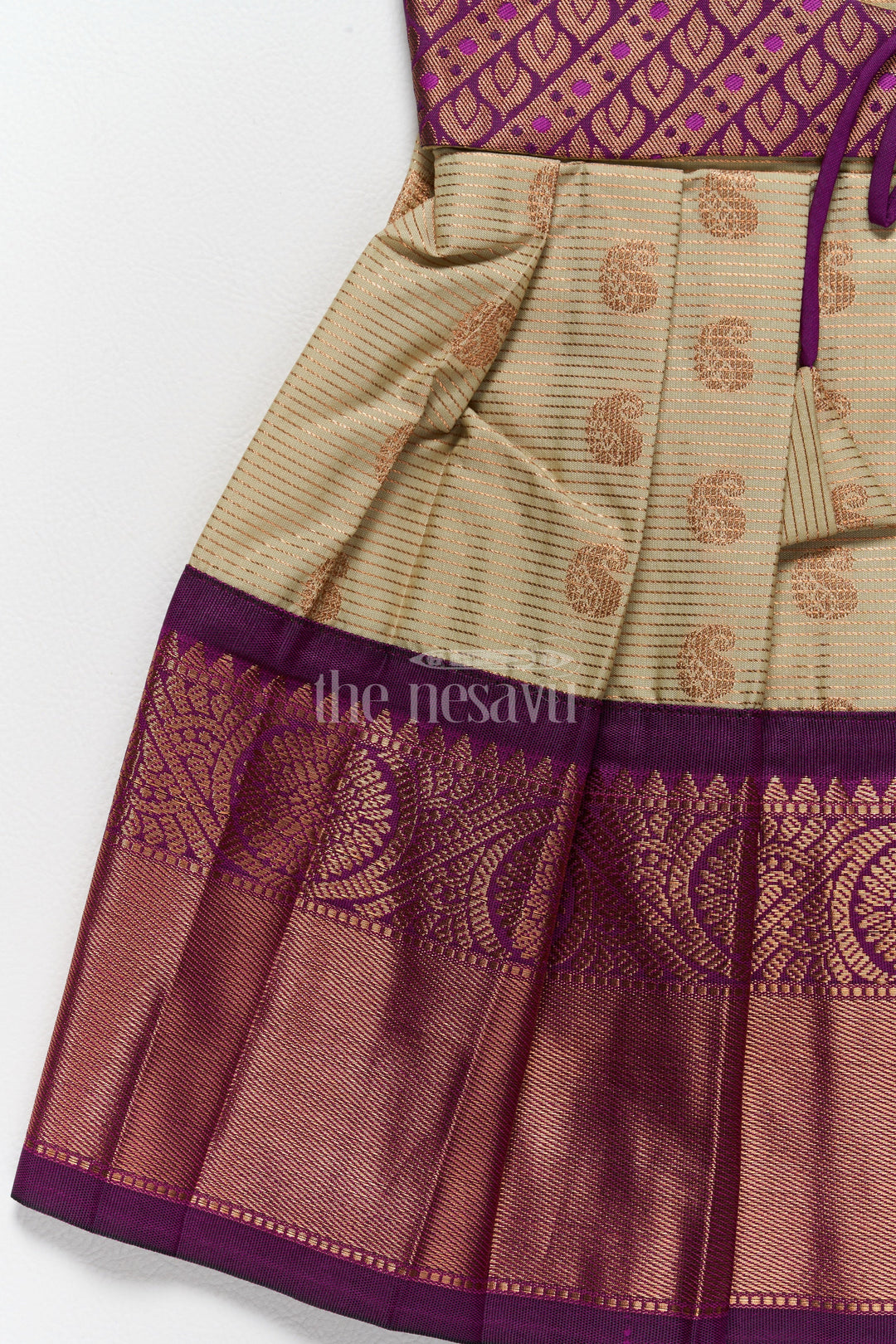 The Nesavu Girls Kanchi Silk Frock Festive Outfit for Pongal Girls Kanchi Silk Frock with Sophisticated Purple and Gold Accents Nesavu Pongal Outfit Girls Purple Gold Kanchi Silk Frock Nesavu Zari Accents