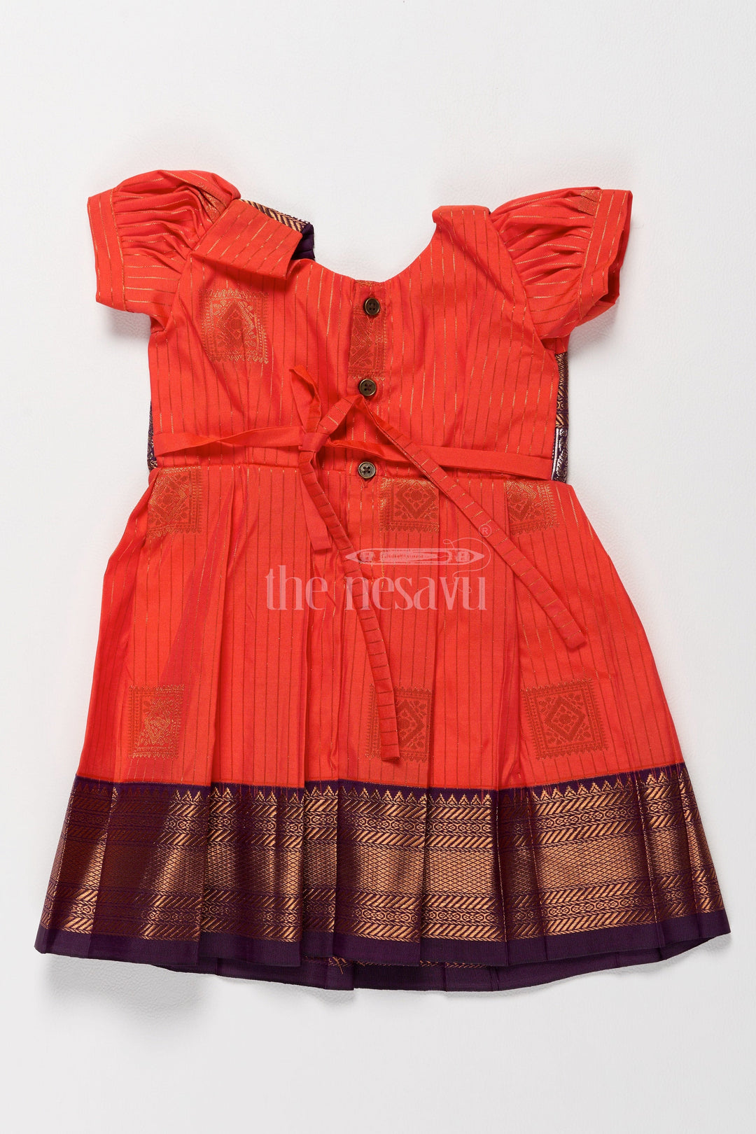 The Nesavu Girls Kanchi Silk Frock Festive Pink Pattu Long Frock for Girls with Chocolate Brown Zari Border Nesavu Nesavu Pink Pattu Long Frock Girls Zari Border Puff Sleeves