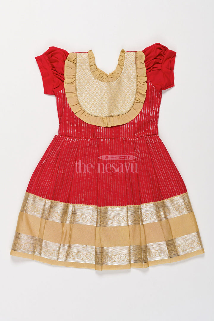 The Nesavu Girls Kanchi Silk Frock Festive Red Girls Kanchi Silk Frock with Radiant Golden Zari Border and Ruffled Yoke Nesavu 20 (3Y) / Red / Style 2 SF821EB-20 Nesavu Festive Red Girls Kanchi Silk Frock Pongal Celebrations Golden Zari Details