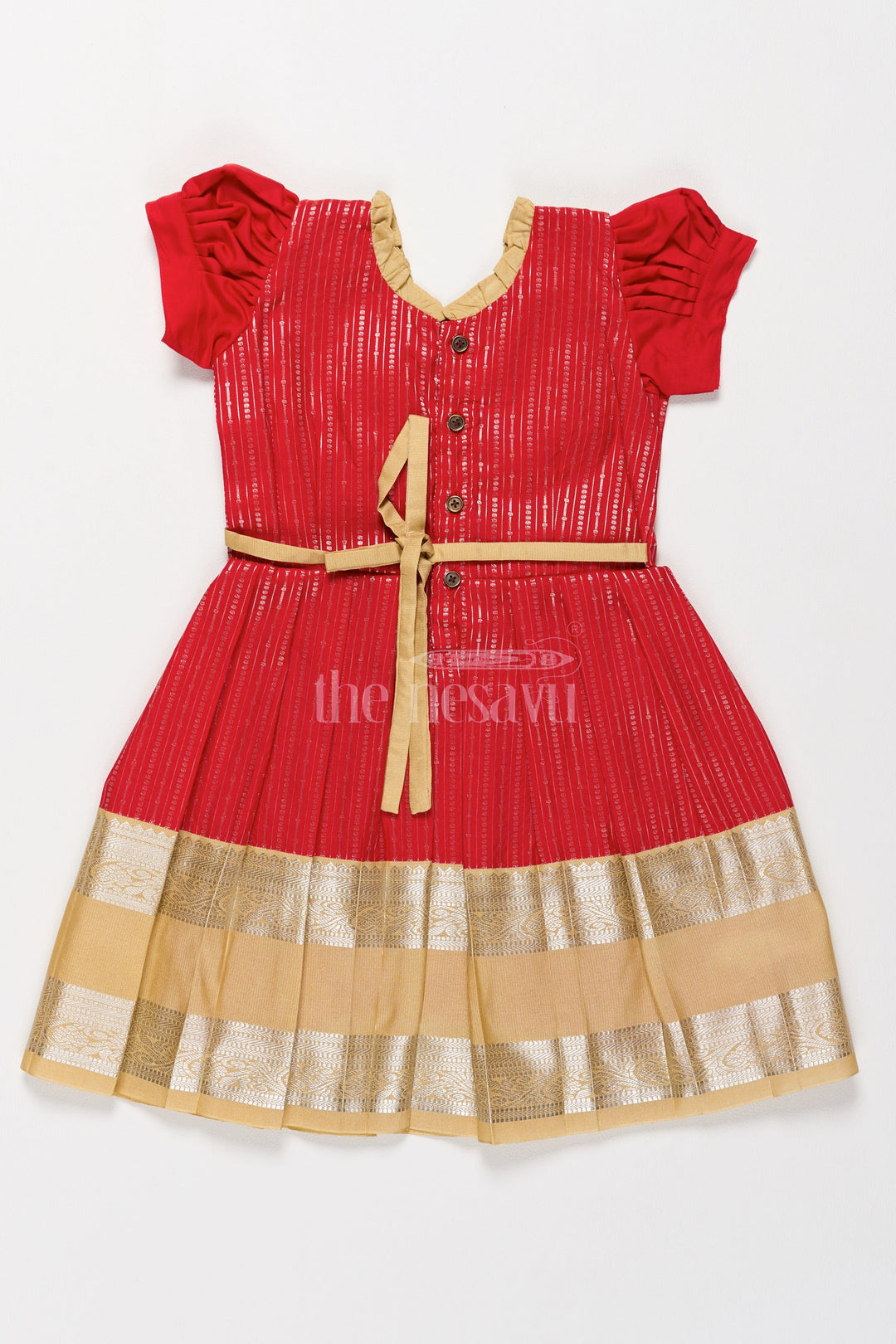 The Nesavu Girls Kanchi Silk Frock Festive Red Girls Kanchi Silk Frock with Radiant Golden Zari Border and Ruffled Yoke Nesavu Nesavu Festive Red Girls Kanchi Silk Frock Pongal Celebrations Golden Zari Details