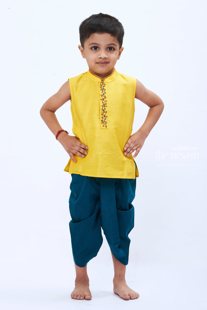 The Nesavu Boys Dothi Set Festive Yellow Dhoti Set with Traditional Indian Kurta for Boys Nesavu 12 (3M) / Yellow / Blend Silk BES480C-12 Boys Festive Yellow Dhoti Kurta Set | Traditional Indian Boys Clothing | The Nesavu