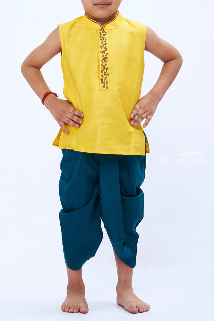 The Nesavu Boys Dothi Set Festive Yellow Dhoti Set with Traditional Indian Kurta for Boys Nesavu Boys Festive Yellow Dhoti Kurta Set | Traditional Indian Boys Clothing | The Nesavu